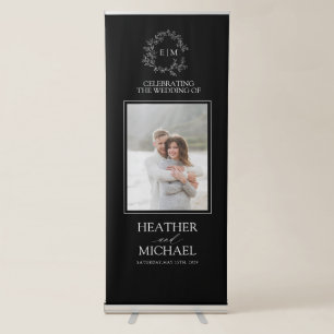 Modern Black White Leafy Crest Monogram Wedding Retractable Banner