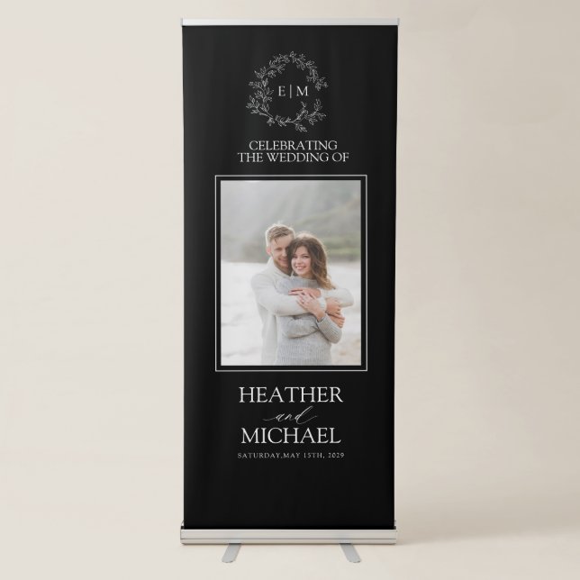 Modern Black White Leafy Crest Monogram Wedding Retractable Banner (Front)