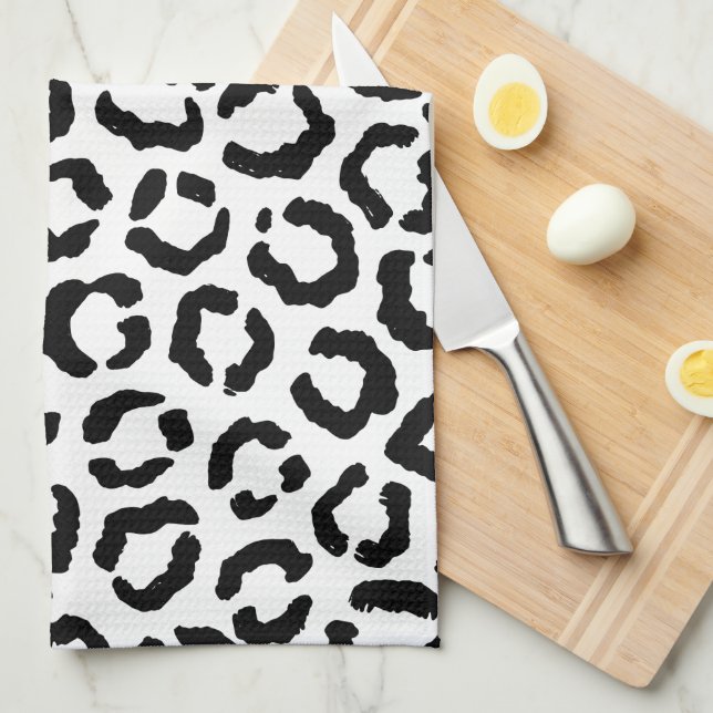 Modern Black White Leopard Animal Print Pattern Tea Towel (Quarter Fold)