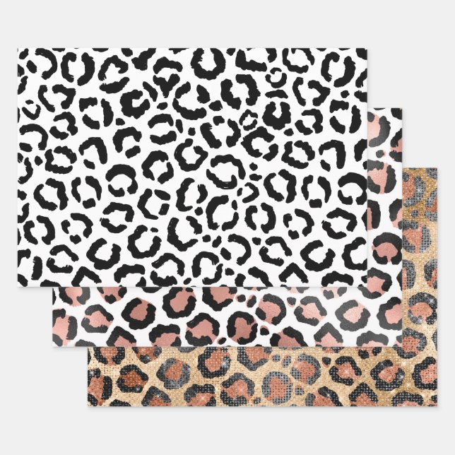 Modern Black White Leopard Animal Print Pattern Wrapping Paper Sheet (Set)