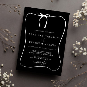Modern Black & White Line Art Bow Frame Wedding Invitation