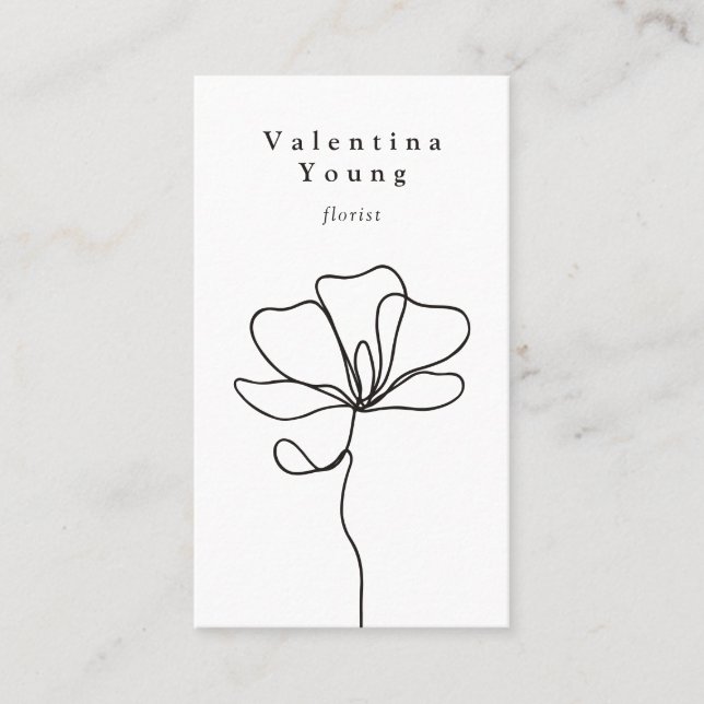Modern black white line art floral drawing elegant business card (Front)