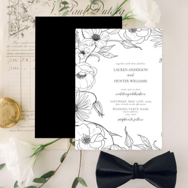 Modern Black White Line Art Floral Wedding Invitation (Creator Uploaded)