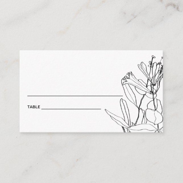 MODERN BLACK WHITE LINE DRAWING FLORAL PLACE CARDS (Front)