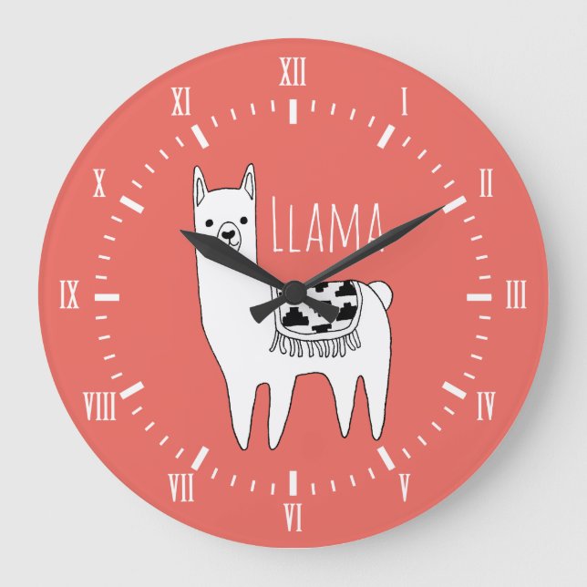 Modern Black & White Llama Sketch Roman Numerals Large Clock (Front)