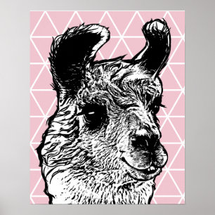 Modern Black & White Llama & Triangles Poster