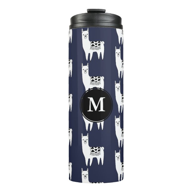 Modern Black & White Llamas with Initial Thermal Tumbler (Front)