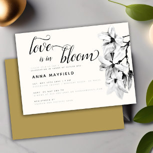 Modern Black White Magnolia Love in Bloom Bridal Invitation