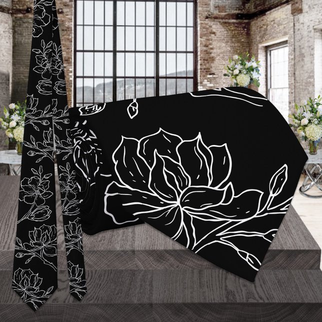 Modern Black & White Magnolia Wedding Tie (Creator Uploaded)