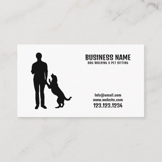 Modern Black & White Man Silhouette Dog Walking Business Card (Front)