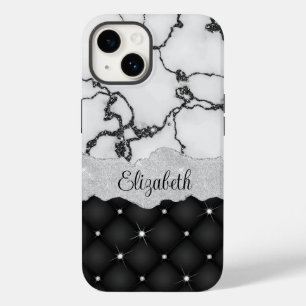 Modern Black White Marble Faux Glitter Monogram Case-Mate iPhone 14 Case