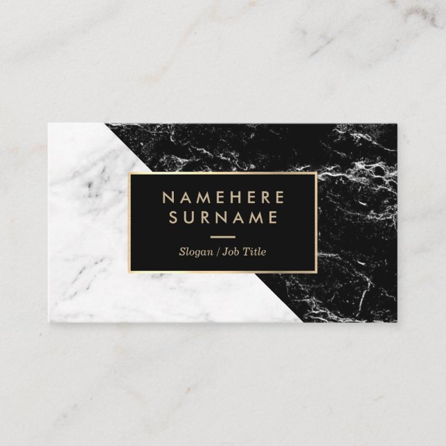 Modern Black & White Marble Gold Business Card (Front)