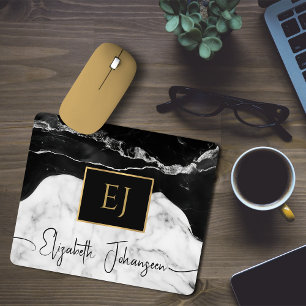 Modern Black White Marble Gold Initial Monogrammed Mouse Mat