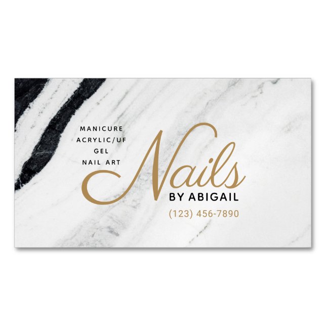 Modern Black & White Marble Gold Nails By "Name" Magnetic Business Card (Front)
