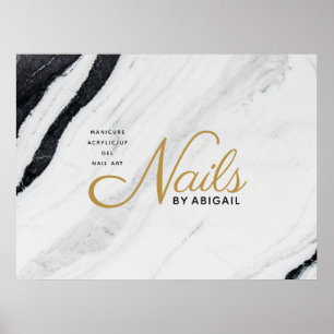 Modern Black & White Marble Gold Nails By "Name" Poster