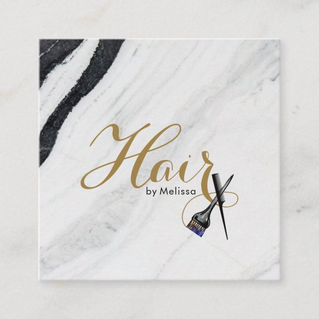 Modern Black & White Marble Hair By Your Name Square Business Card (Front)