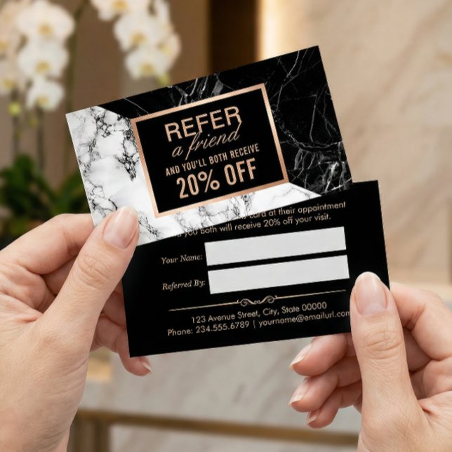 Modern Black White Marble Refer a Friend Referral Card (Creator Uploaded)