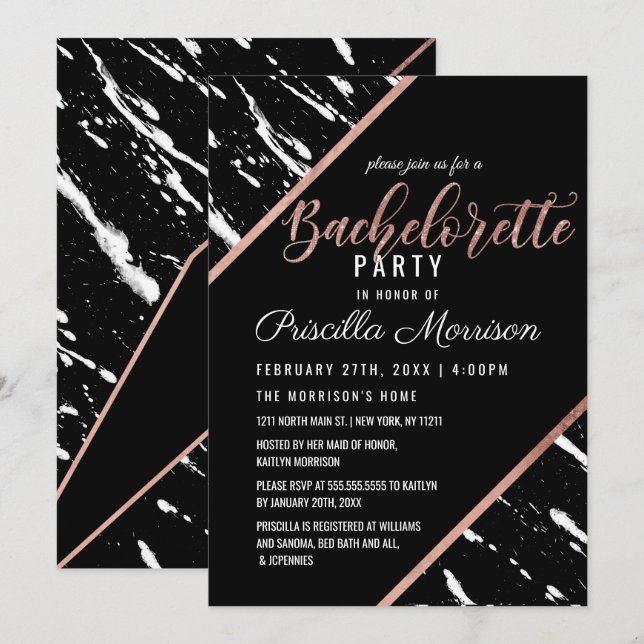 Modern Black White Marble Rose Gold Bachelorette Invitation (Front/Back)