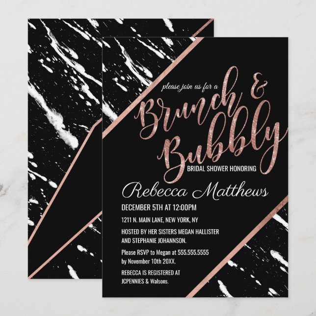 Modern Black White Marble Rose Gold Brunch Bubbly Invitation (Front/Back)