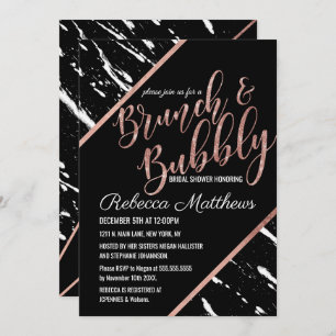 Modern Black White Marble Rose Gold Brunch Bubbly Invitation