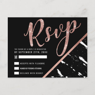 Modern Black White Marble Rose Gold Chic RSVP Postcard
