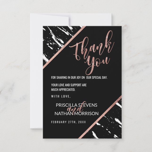 Modern Black White Marble Rose Gold Chic Thank You Card (Front)