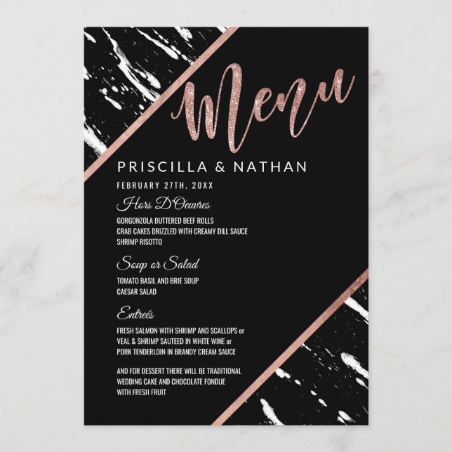 Modern Black White Marble Rose Gold Wedding Menu (Front)