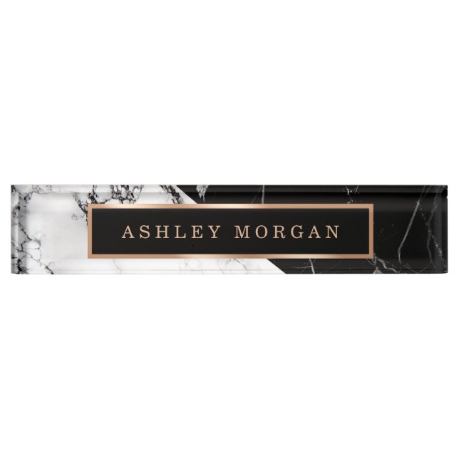 Modern Black White Marble Stone Texture Look Nameplate (Front)