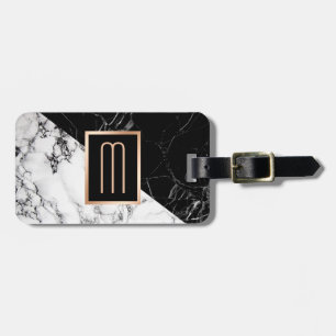 Modern Black White Marble Texture Stylish Monogram Luggage Tag