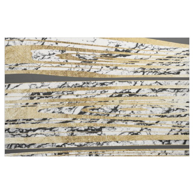 Modern Black White Marble with Faux Gold Stripes Fabric (Yard)