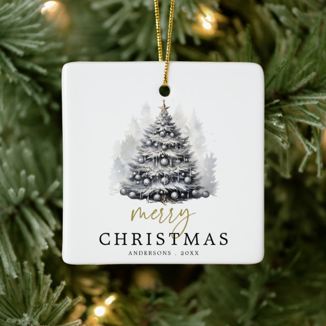 Modern Black & White Merry Christmas Tree Family Ceramic Ornament (Tree)