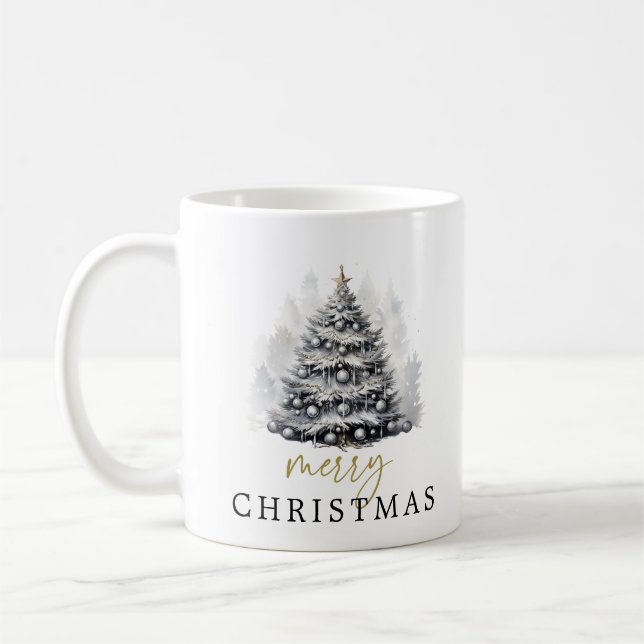 Modern Black & White Merry Christmas Tree Family Coffee Mug (Left)