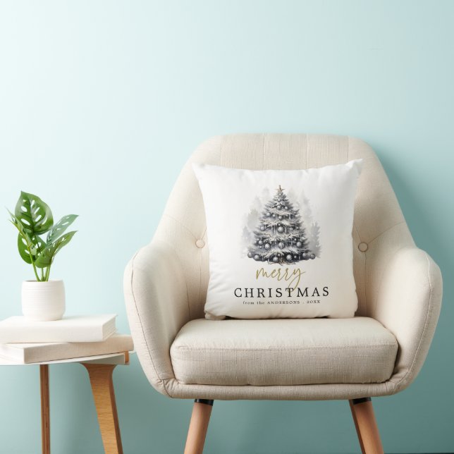 Modern Black & White  Merry Christmas Tree Plaid Cushion (Chair)