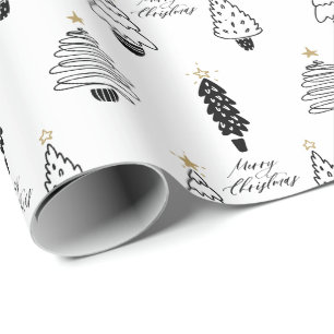Modern Black & White Merry Christmas Tree Wrapping Paper