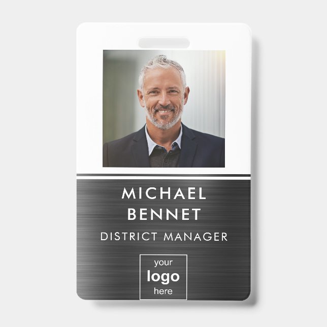 Modern Black White Metal Employee Photo ID  Badge (Front)