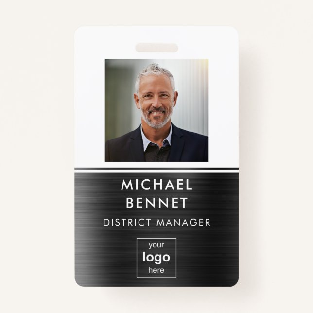Modern Black White Metal Employee Photo ID  ID Badge (Front)