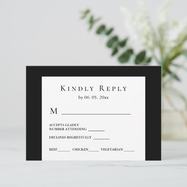Modern Black White Minimal Design Wedding RSVP Card (Standing Front)