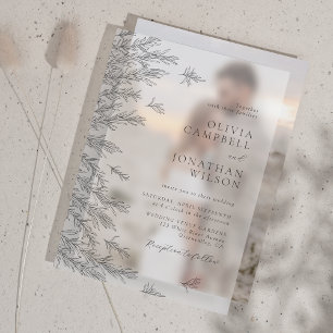 Modern Black White Minimal Leaves Wedding Vellum Invitations