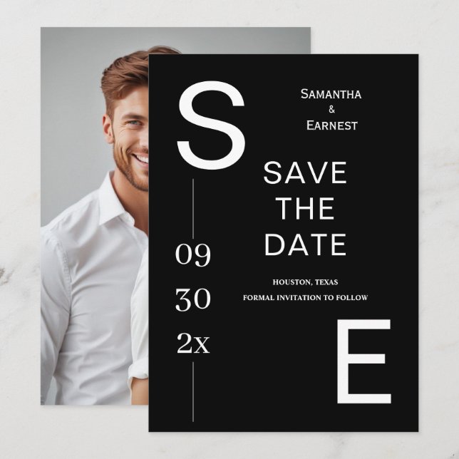 Modern Black & White Minimal Monogram Wedding  Save The Date (Front/Back)