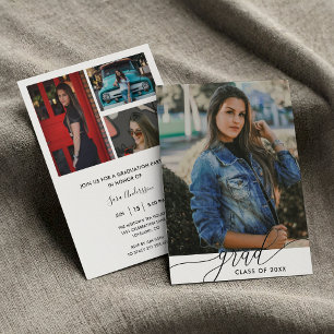 Modern Black & White Minimalist 4-Photo Graduation Invitation