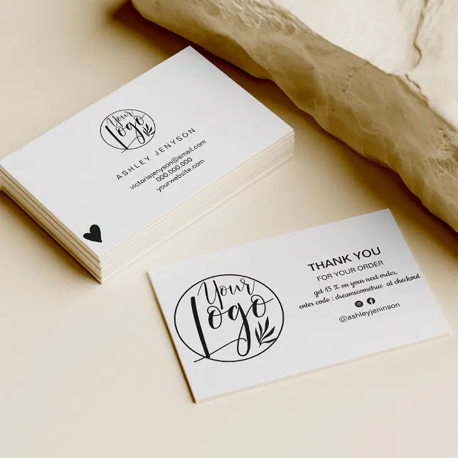 Modern black white minimalist logo order thank you business card | Zazzle