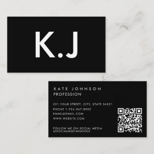 Modern Black White Minimalist QR Code Monogram Business Card