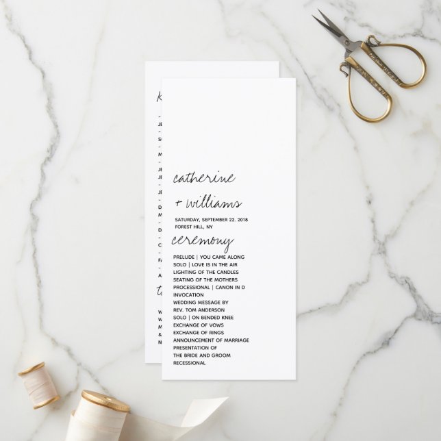 Modern Black & White Minimalist Script Wedding Programme (Front/Back In Situ)