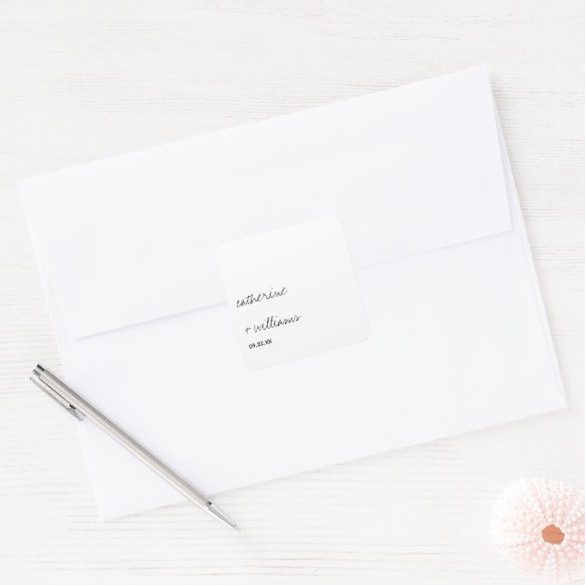 Modern Black & White Minimalist Script Wedding Square Sticker (Envelope)