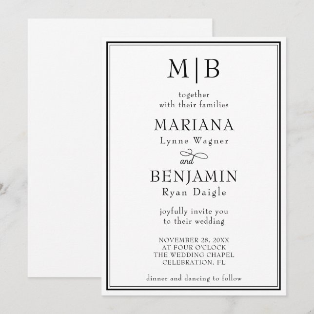 Modern Black White Minimalist Wedding Invitation (Front/Back)