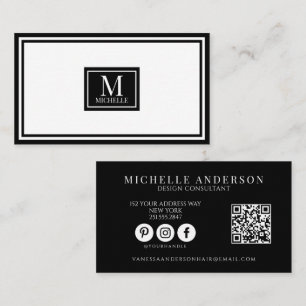 Modern Black & White Monogram Boarder QR Code Business Card