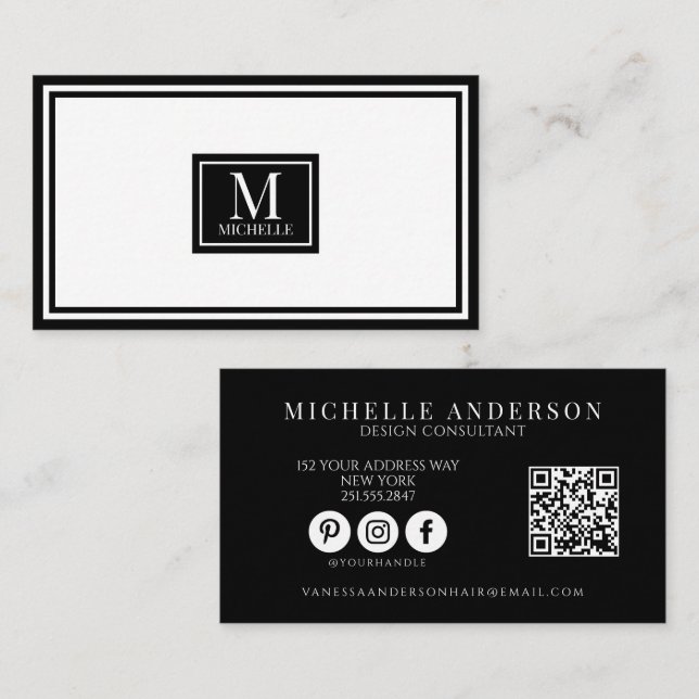 Modern Black & White Monogram Boarder QR Code  Business Card (Front/Back)