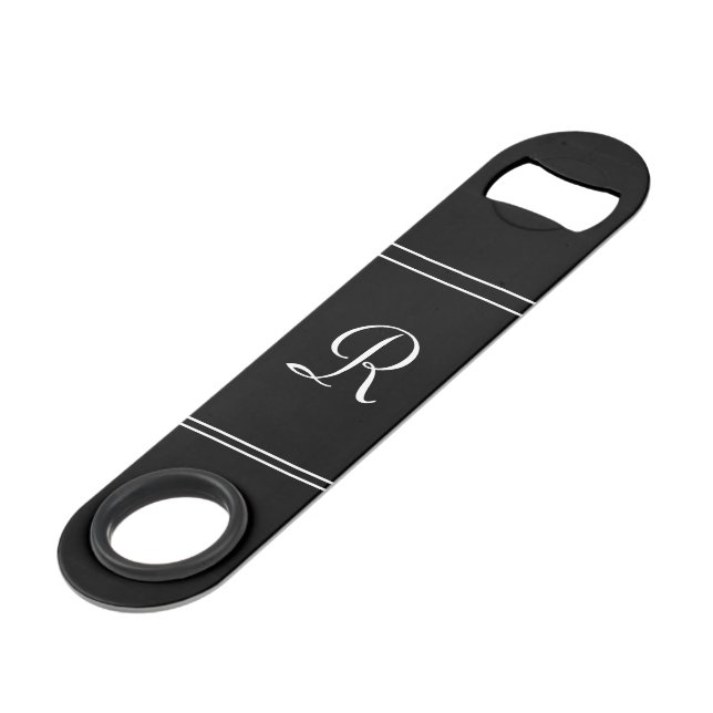 Modern Black White Monogram Initial Bottle Opener (Front Angled)