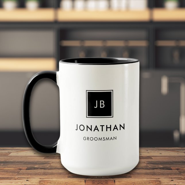 Modern Black & White Monogram Initials Groomsmen Mug (Creator Uploaded)