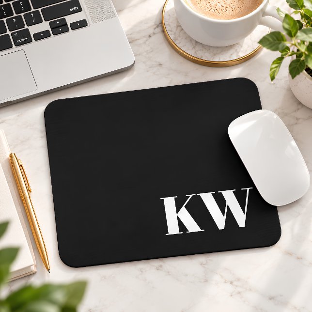 Modern Black White Monogram Initials Personalised Mouse Mat (Creator Uploaded)